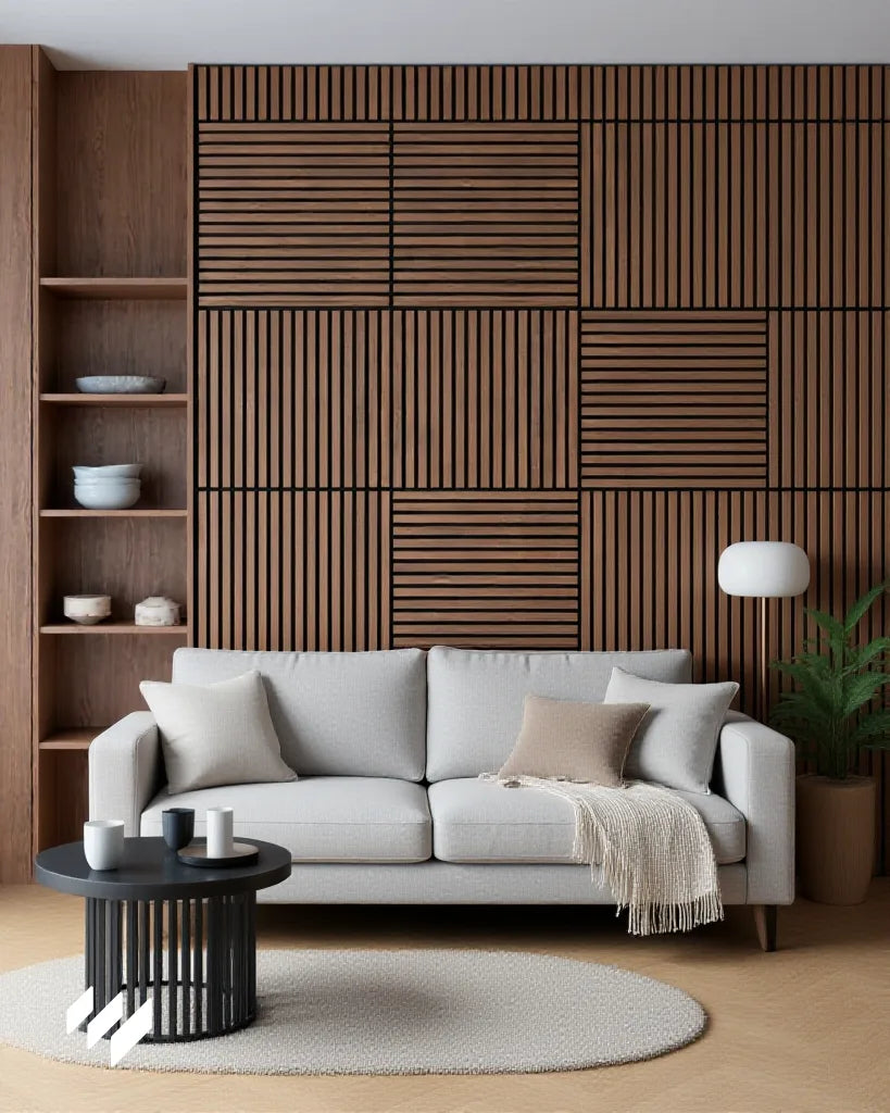 Sofá claro frente a una pared decorada con paneles acústicos cuadrado en Roble Ahumado, creando un contraste moderno y cálido.