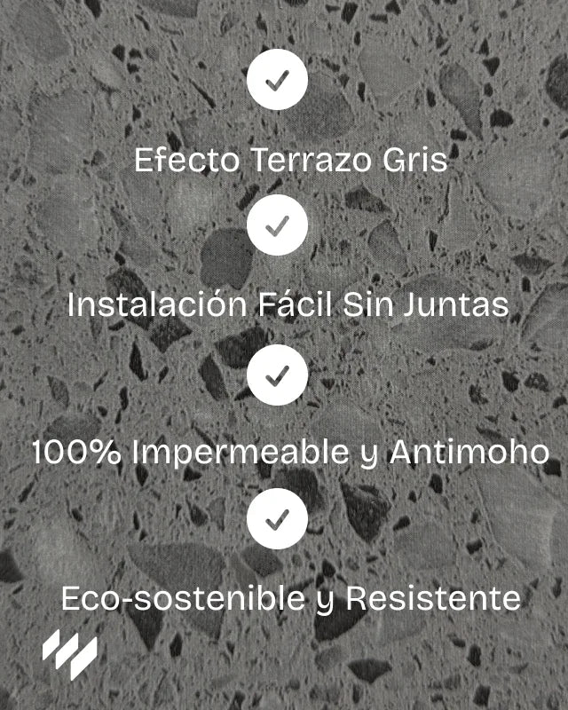 Panel decorativo SPC de Revestimientos Pared con efecto terrazo gris, impermeable, sin juntas, resistente y eco-sostenible.