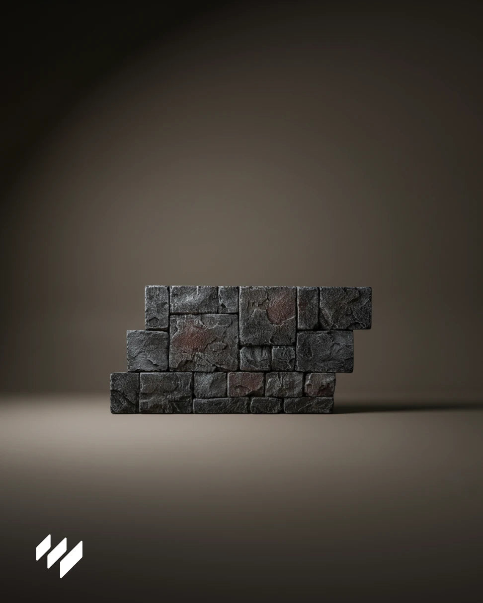 Panel Decorativo PU Efecto Piedra Volcánica Rústica Color Lava de Revestimientos Pared colocado en posición vertical, con acabado realista tipo piedra.