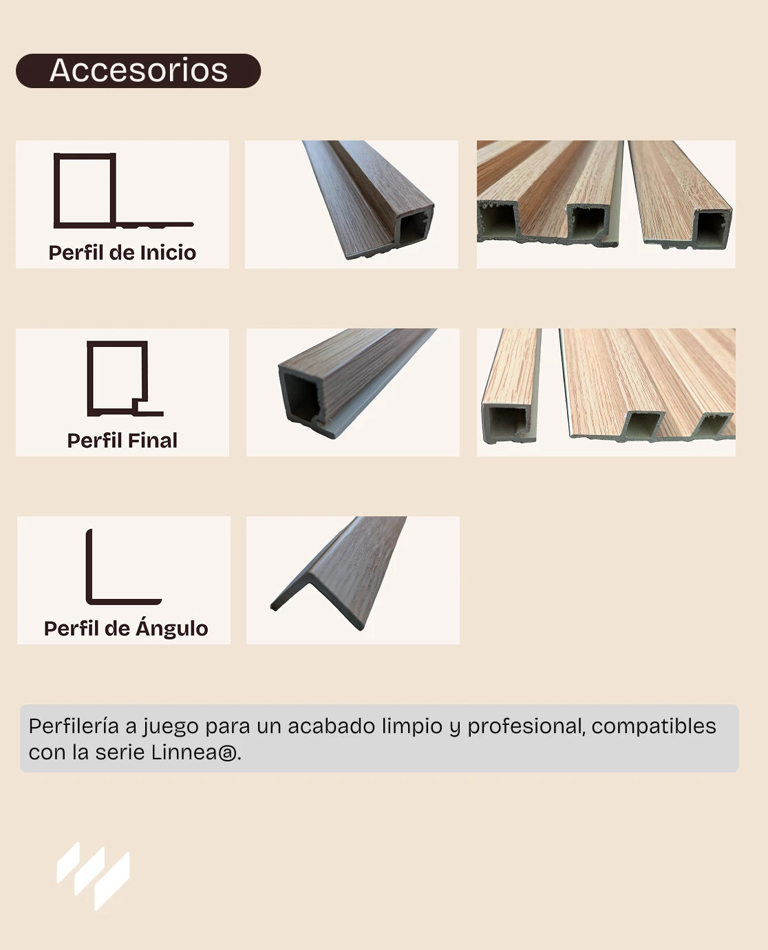 Accesorios del panel decorativo WPC Roble Nórdico de Revestimientos Pared: perfil de inicio, perfil final y perfil de ángulo en el mismo acabado.