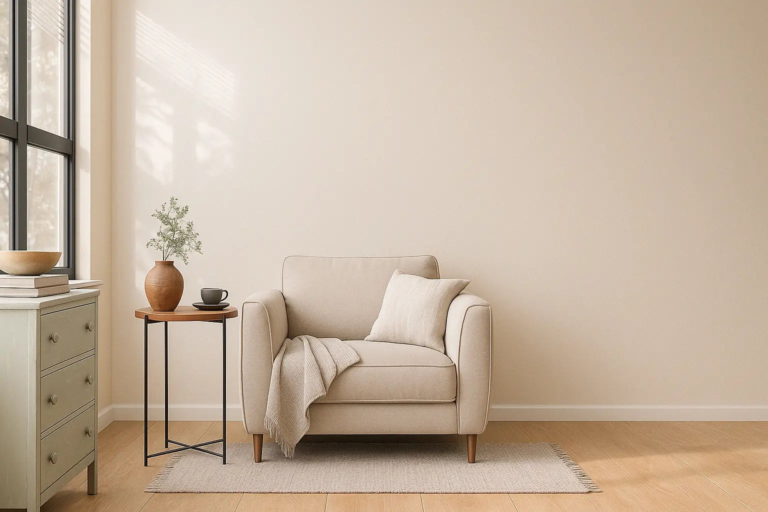 una salón minimalista de estilo mediterráneo