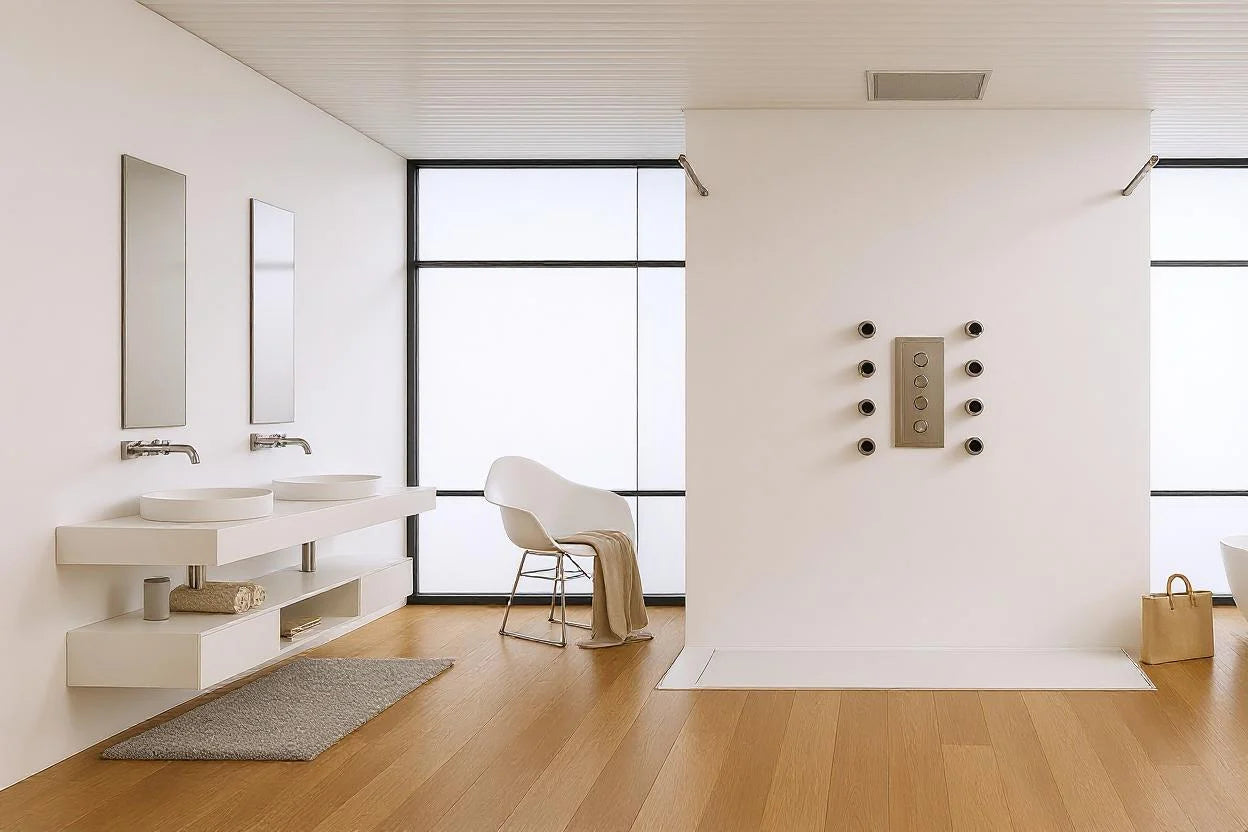 Baño contemporáneo con paredes blancas lisas antes de la instalación del Panel SPC efecto madera cerámica, con un diseño minimalista y limpio.
