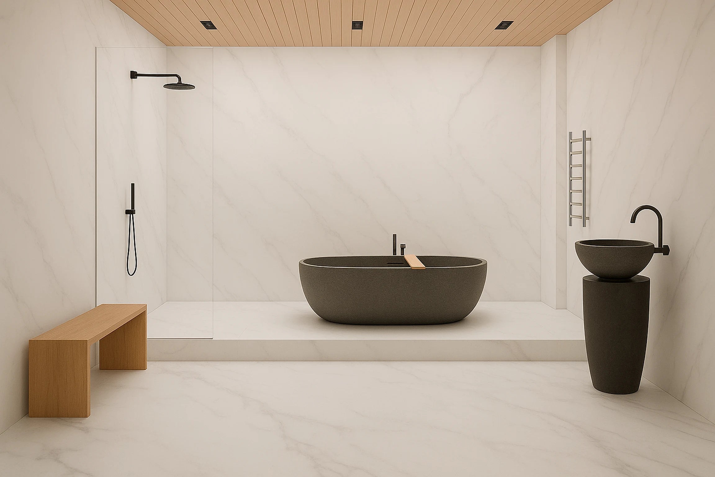 Baño moderno con las paredes revestidas con panel SPC efecto Mármol blanco Carrara, mostrando un acabado elegante y luminoso.