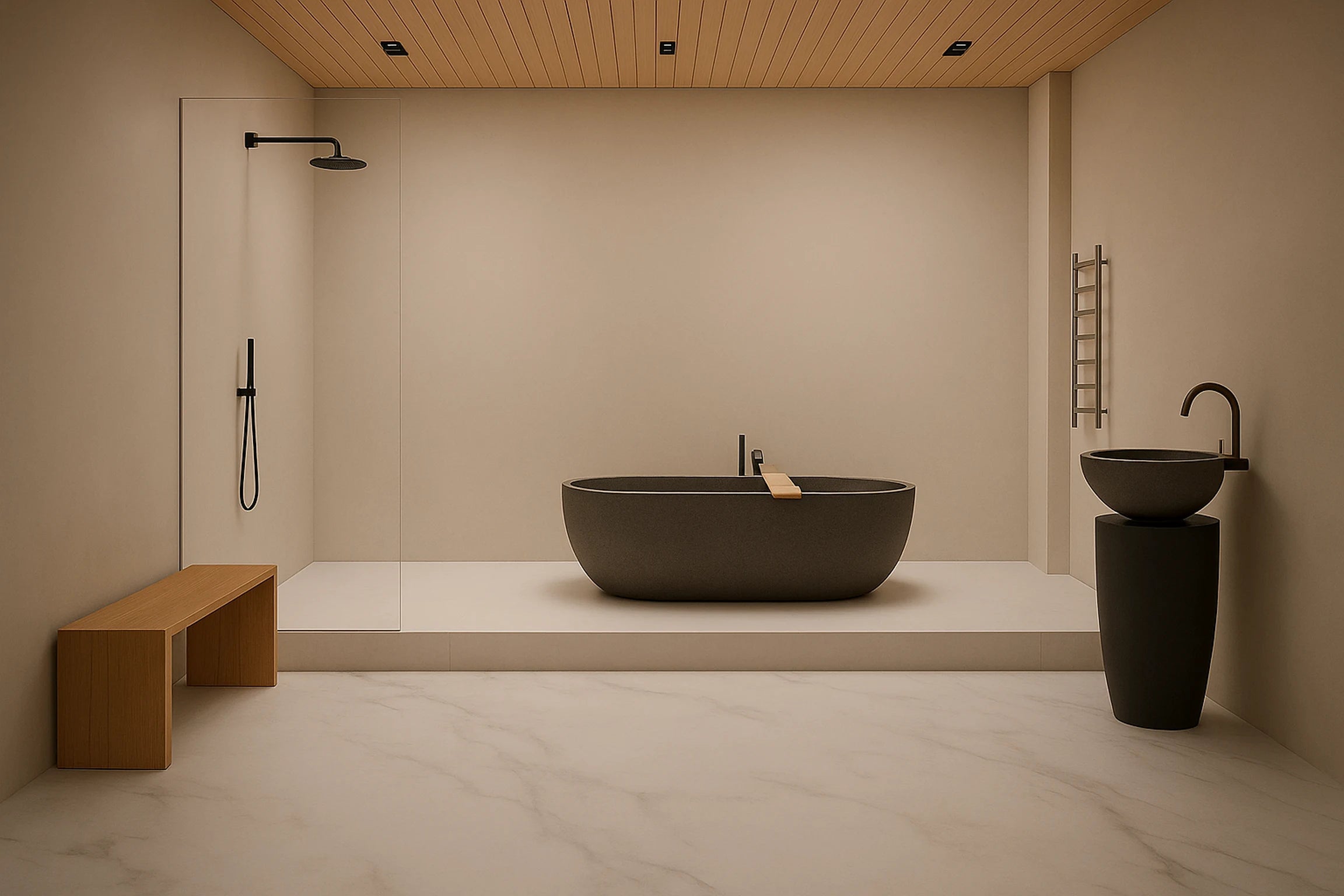 Baño moderno antes de instalar el panel revestimiento SPC efecto Mármol blanco Carrara en las paredes.