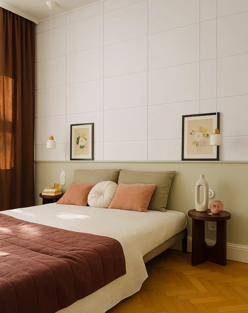 Dormitorio moderno decorado con paneles acústicos autoadhesivos de poliéster en color blanco, ofreciendo confort visual y reducción del ruido para un descanso tranquilo.