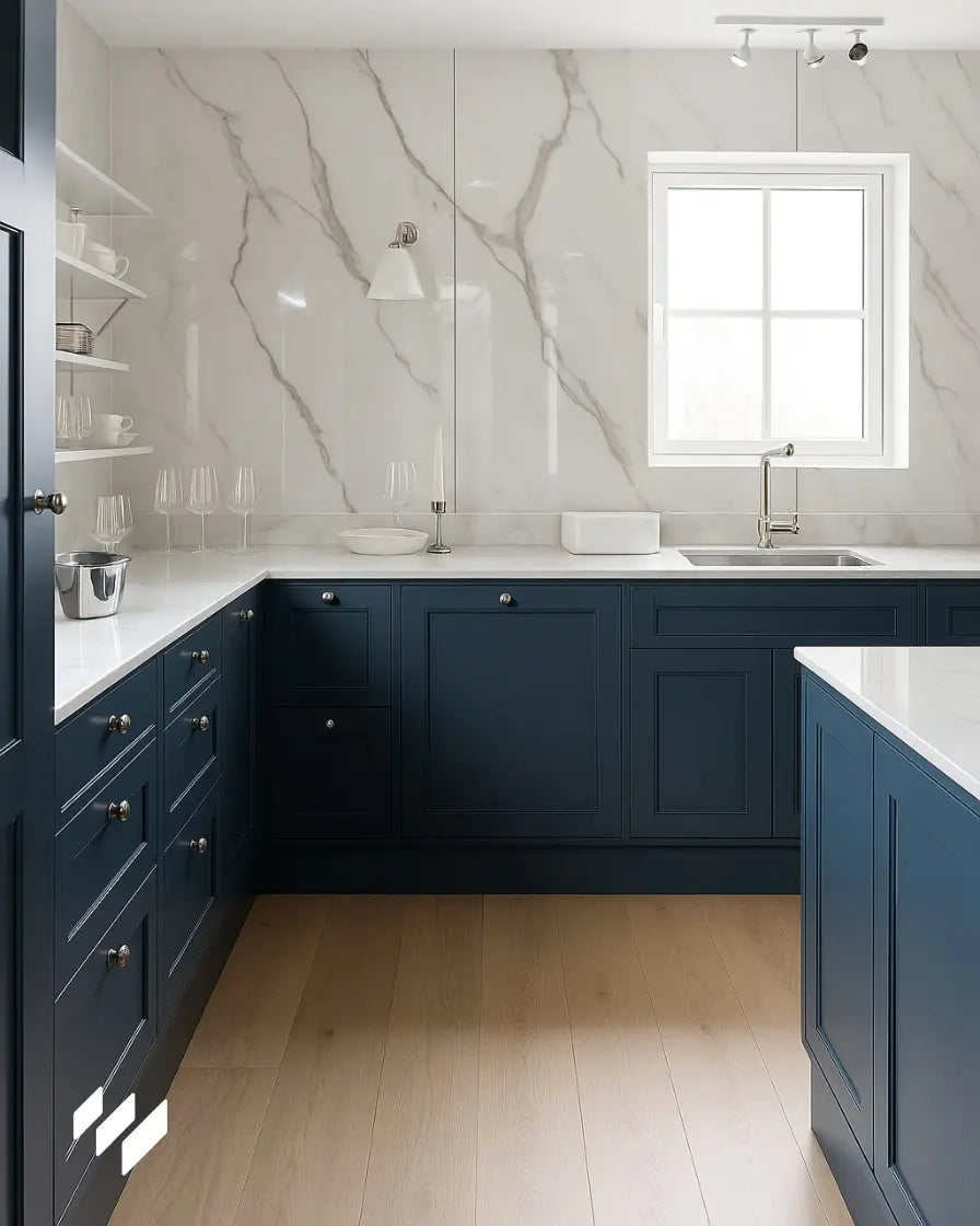 Cocina moderna con armarios azul marino y paneles WPC efecto mármol Calacatta Blanco de Revestimientos Pared en las paredes.