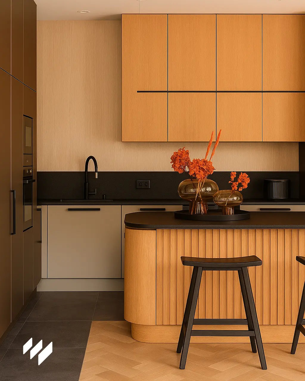 Panel decorativo de pared WPC en color Roble Natural instalado en una cocina moderna con isla curva y detalles en negro mate.