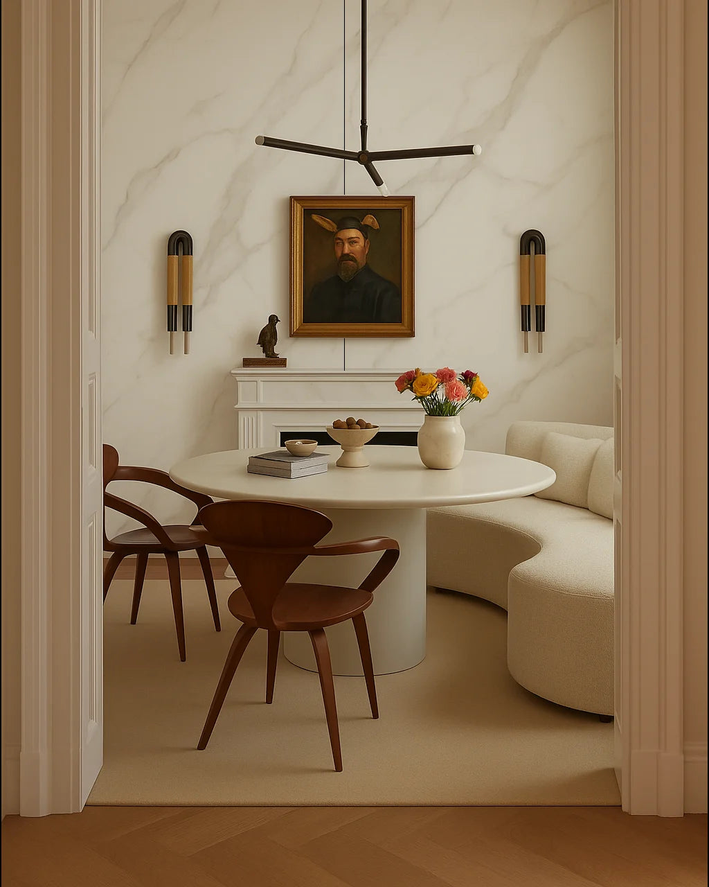 Comedor elegante con pared revestida en Panel WPC Alto Brillo efecto Mármol Calacatta Blanco, acompañado de mesa redonda blanca, sillas de madera curvada y sofá curvo en color crema.