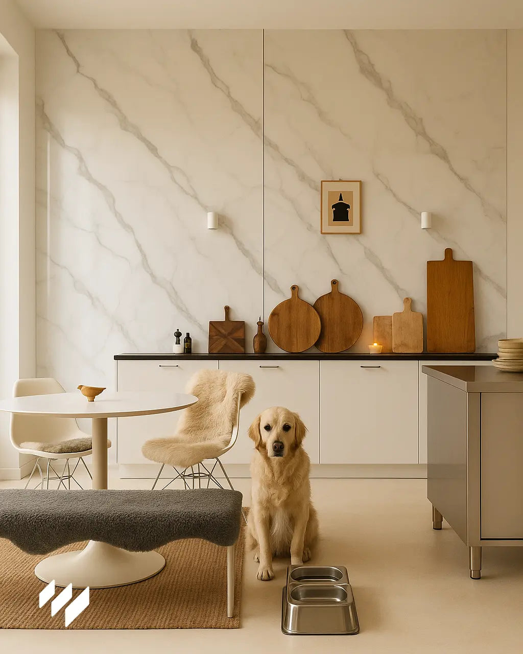 Comedor escandinavo con paneles WPC mármol Calacatta Blanco de Revestimientos Pared en la pared y un perro frente al comedor.