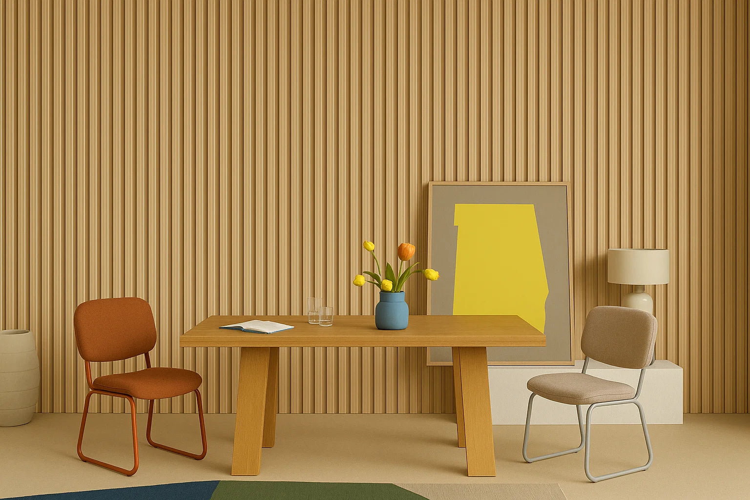 una salón minimalista de estilo mediterráneo, hay paneles decorativo 3d wpc de revestimientos pared en pared