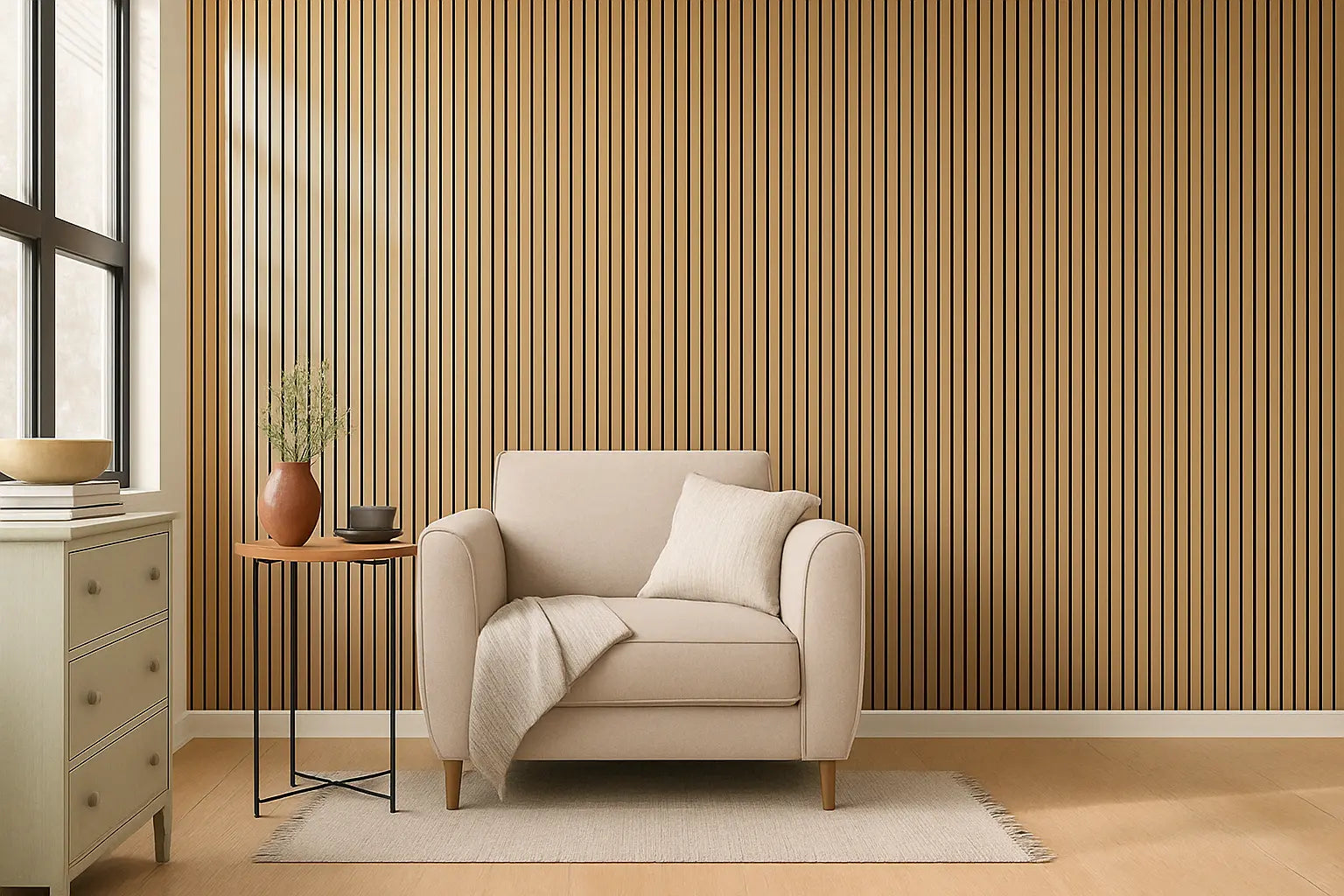 Las paredes del salón minimalista de estilo mediterráneo están equipadas con paneles acústicos decorativos de listones.