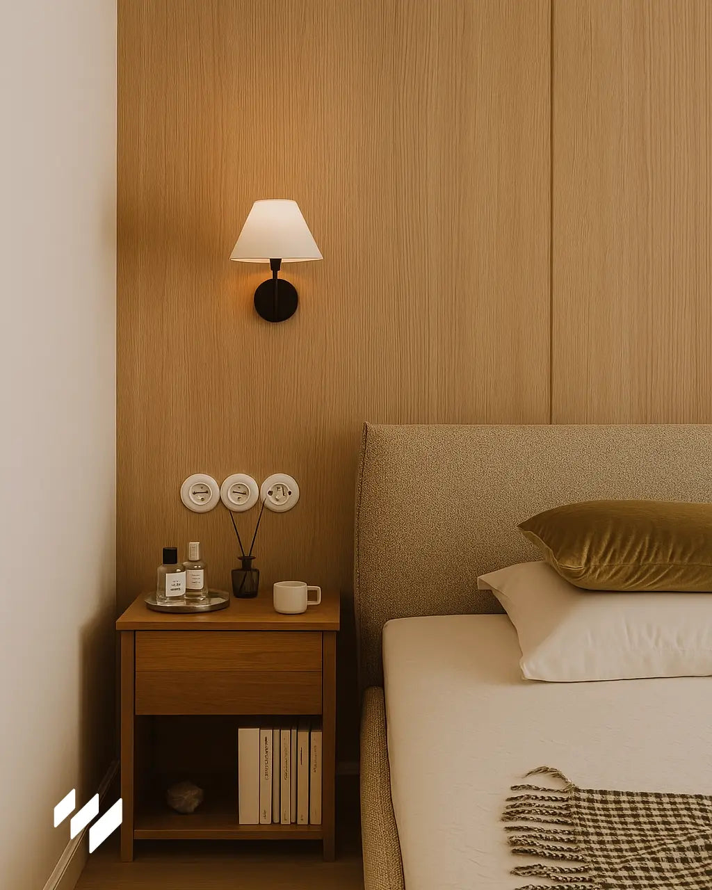 Revestimiento de pared WPC en tono Roble Natural instalado detrás del cabecero en un dormitorio cálido y acogedor.