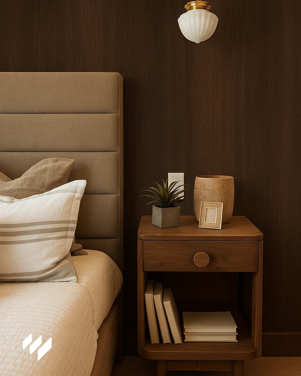 Dormitorio elegante con cabecero beige y pared en Roble Nocturno WPC, acompañado de una mesita de noche con libros y decoración neutra.