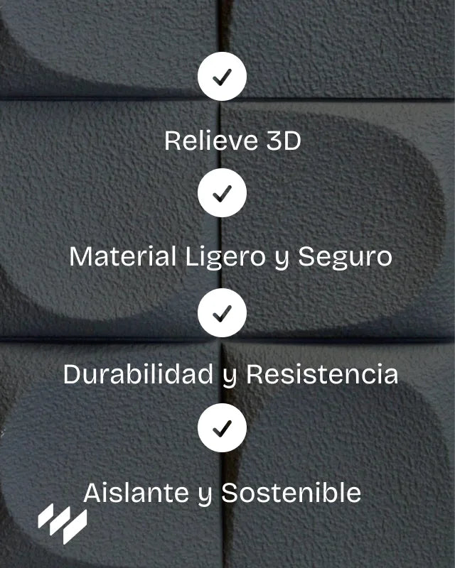 Panel decorativo 3D de PU efecto Almohadillado negro de Revestimientos Pared, mostrando sus características: relieve 3D, material ligero, durabilidad y sostenibilidad.