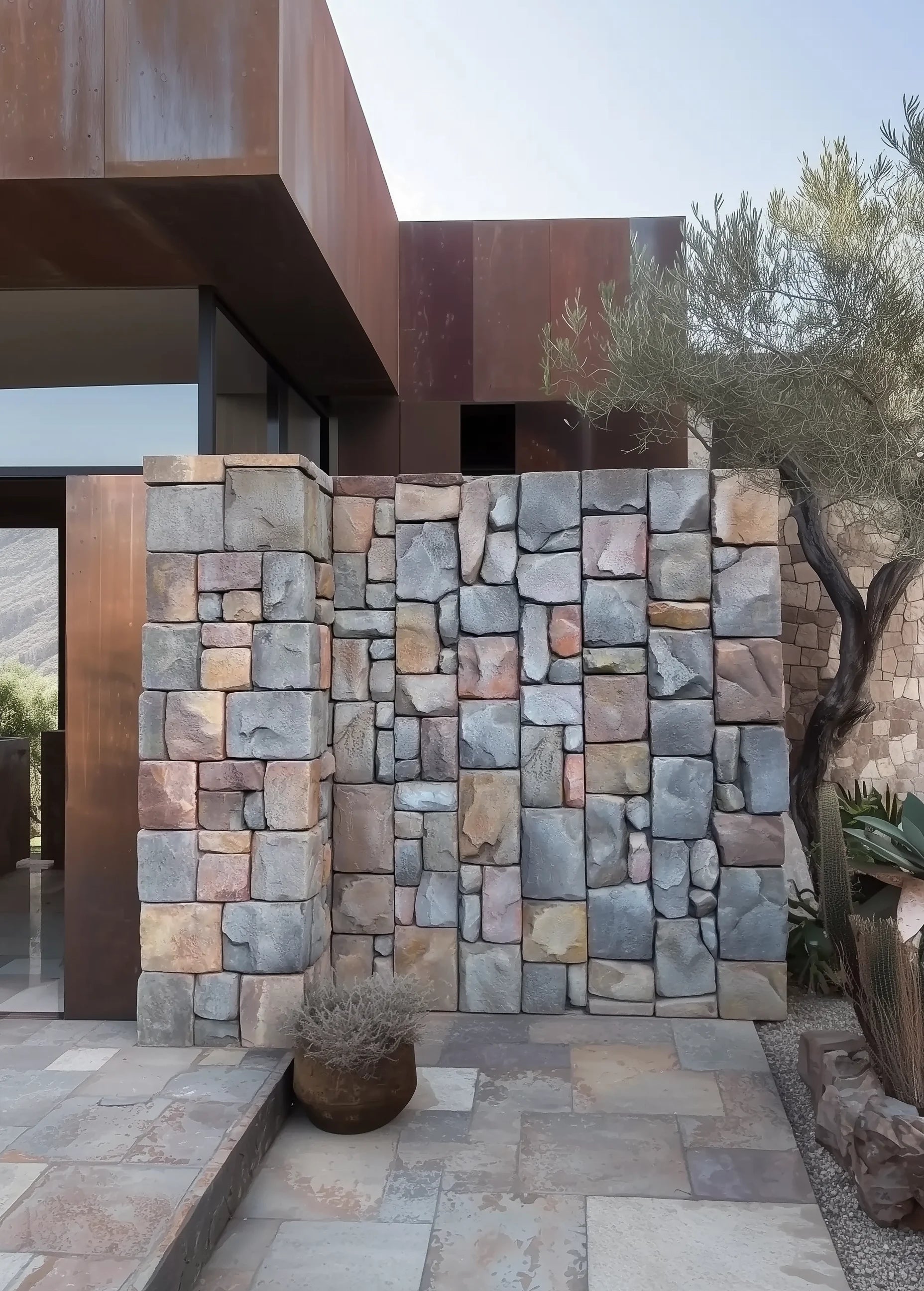 Revestimiento de pared exterior estilo piedra rústica Fortaleza en fachada contemporánea con estructura metálica oxidada y vegetación mediterránea