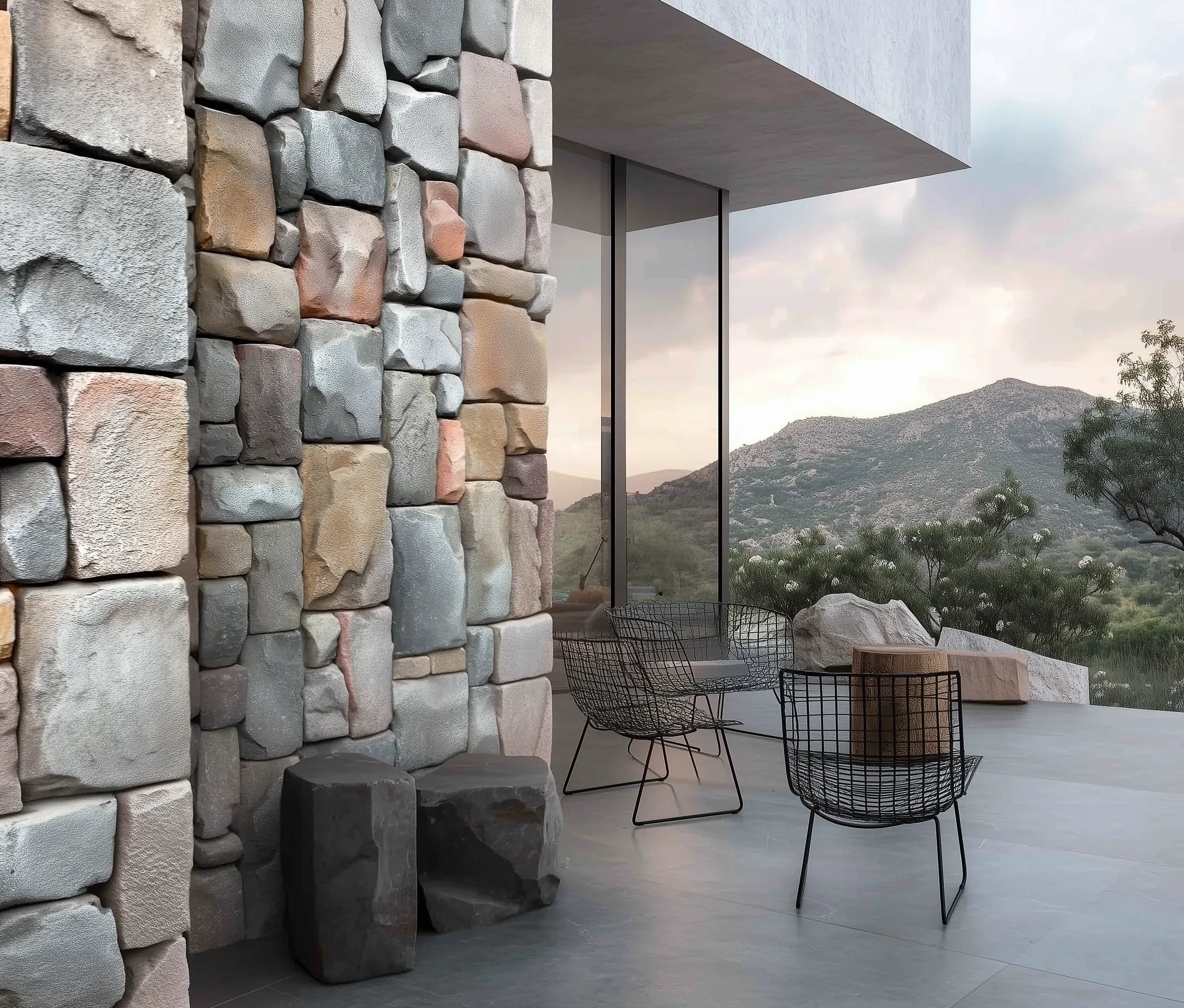 Panel decorativo PU efecto piedra Fortaleza instalado en la terraza exterior de una casa moderna con vistas a la montaña