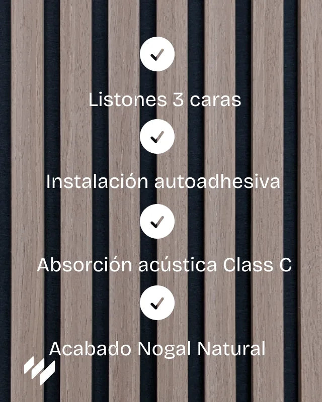 Infografía del panel acústico autoadhesivo 60x60 Nogal Natural con listones 3 caras y absorción acústica Class C.