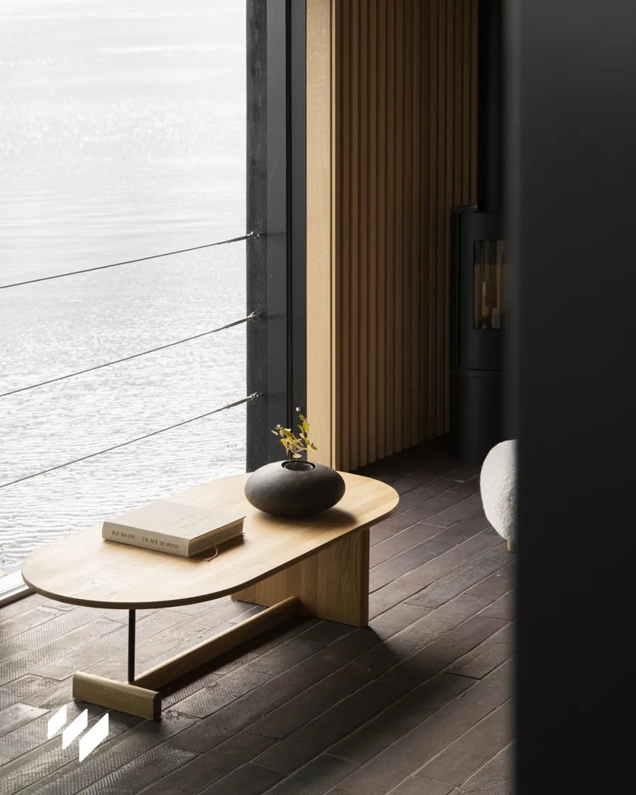 Panel decorativo de listones 3D WPC Roble Nórdico de Revestimientos Pared instalado en salón con vistas al lago, estilo nórdico moderno.