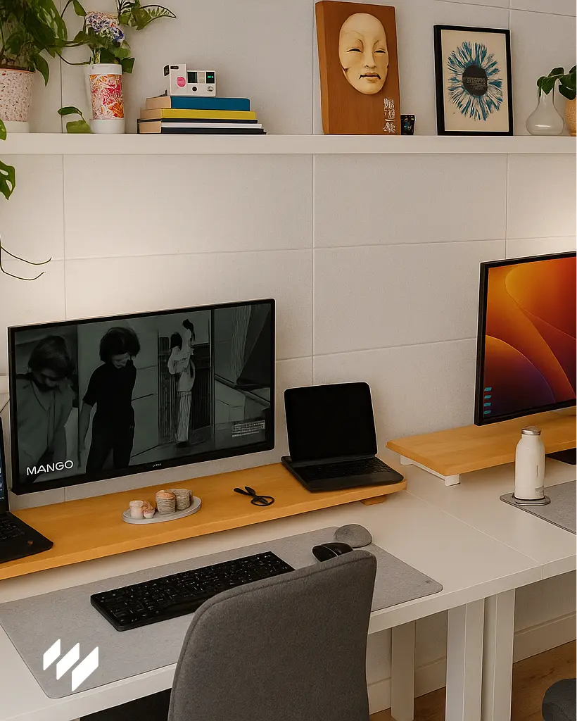 Zona de oficina en casa con pared revestida de paneles acústicos autoadhesivos de poliéster blanco, proporcionando un entorno silencioso y moderno para el trabajo con ordenadores y estanterías decorativas.