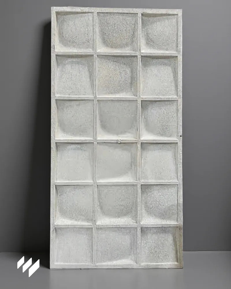 Vista trasera del Panel decorativo 3D de PU efecto Almohadillado blanco de Revestimientos Pared, con diseño acolchado en módulos cuadrados para interiores contemporáneos.