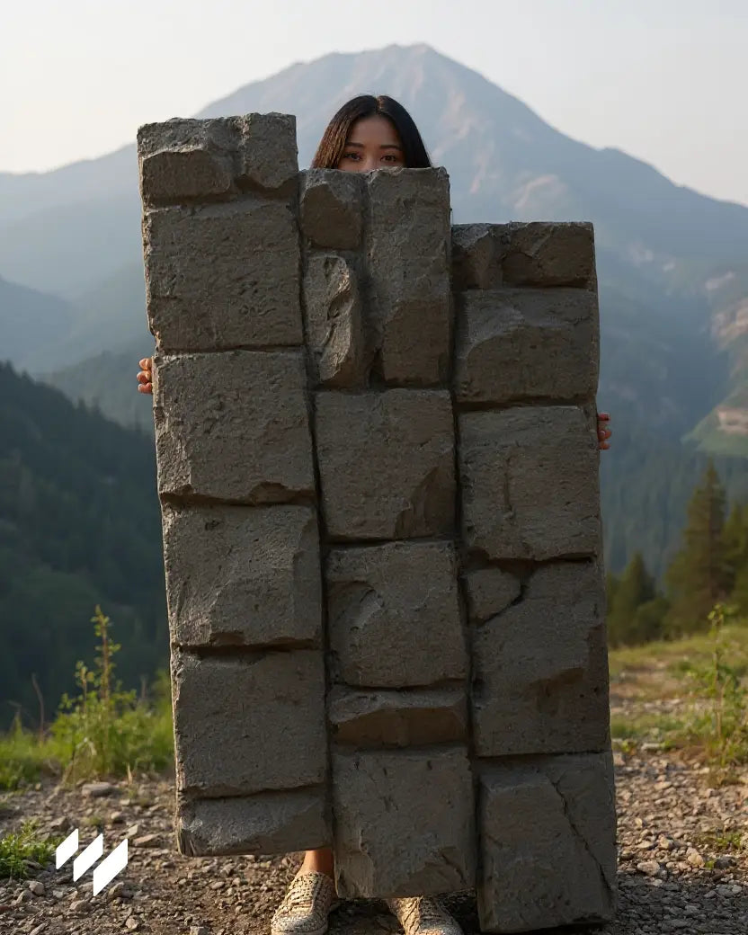  Persona mostrando un panel PU efecto piedra rústica en un entorno natural montañoso