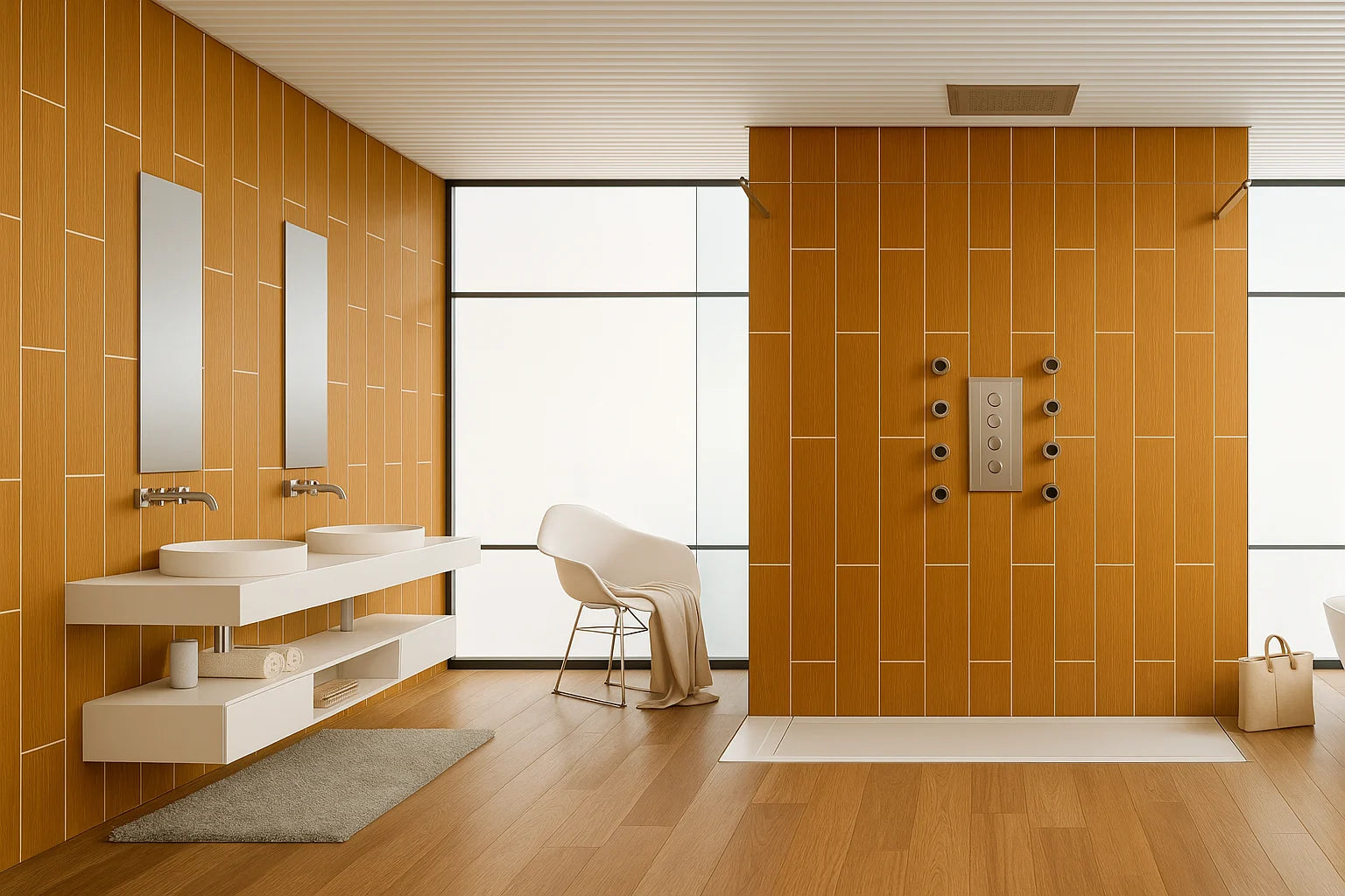 Baño moderno con paredes revestidas de Panel SPC efecto madera cerámica, mostrando un diseño cálido y elegante con lamas verticales de acabado madera clara.