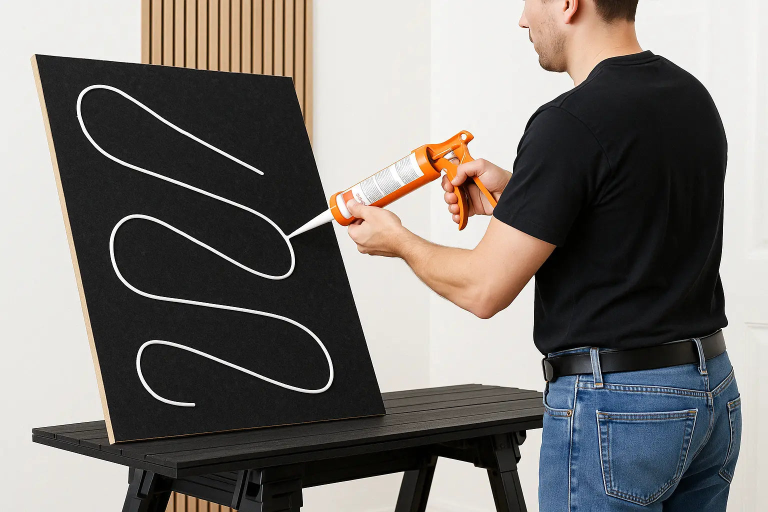 Un hombre está instalando Panel Acústico de Listones utilizando adhesivo.