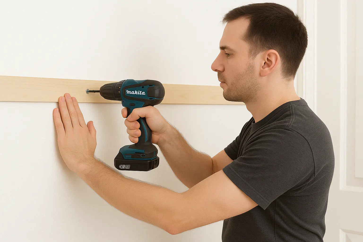 Un hombre está instalando Panel Acústico de Listones utilizando listones.