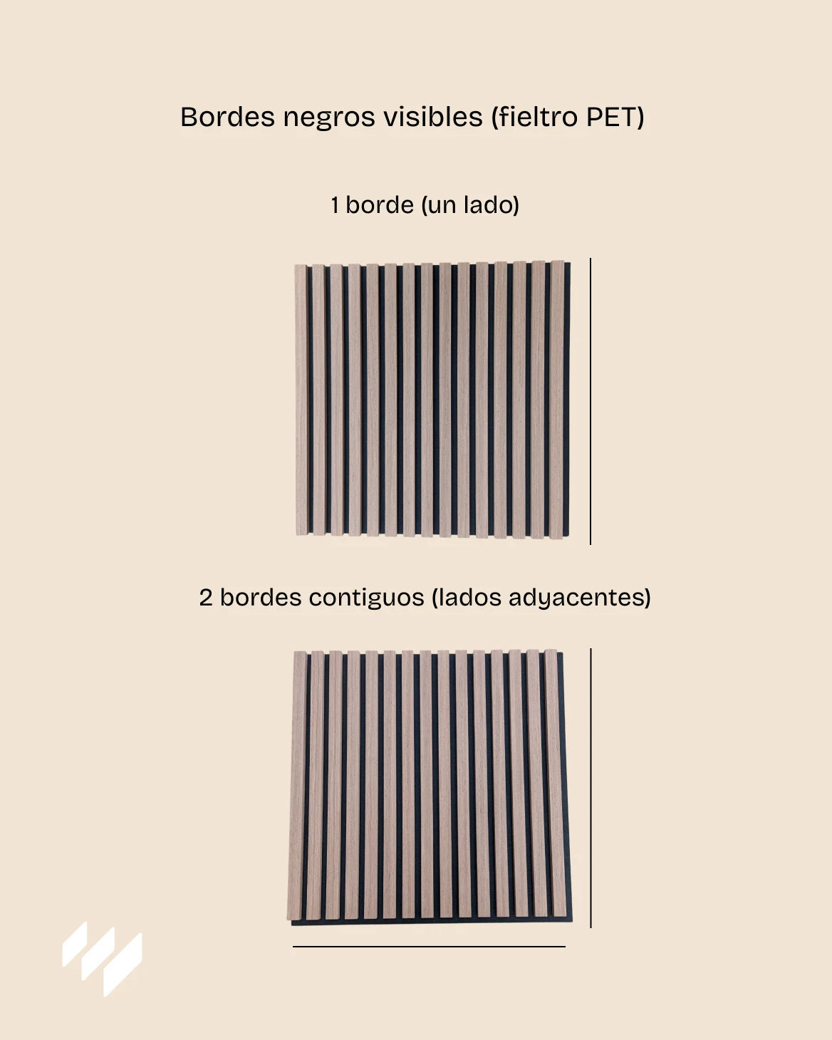 Comparación de paneles acústicos autoadhesivos Nogal Natural con 1 y 2 bordes negros visibles.
