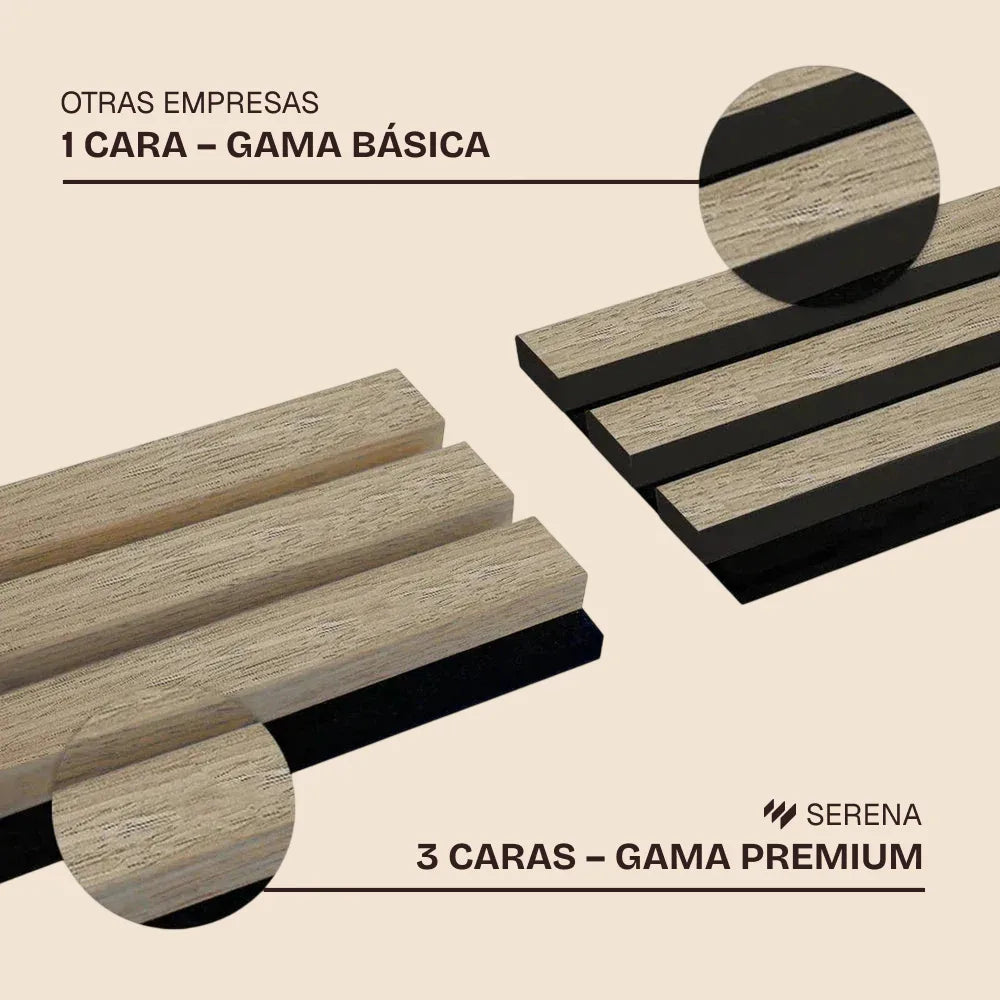 Comparativa visual entre paneles decorativos acústicos: opción básica de 1 cara vs Serena premium de 3 caras, con chapa técnica de madera acabado roble natural