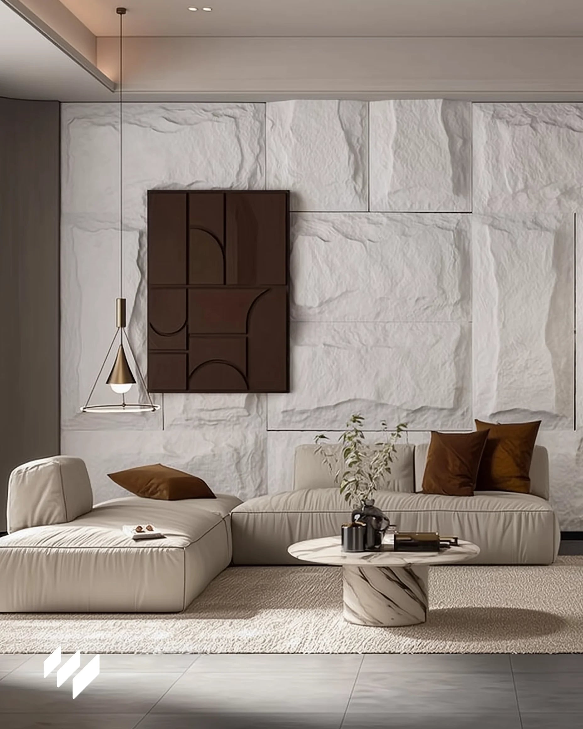 Revestimiento de pared Panel Piedra PU Blanco Caliza de Revestimientos Pared en salón elegante con sofás beige y decoración minimalista.