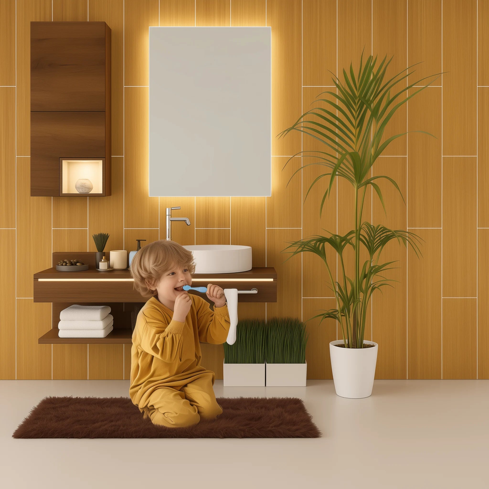 Niño pequeño cepillándose los dientes frente a un lavabo moderno, con pared revestida de panel SPC efecto madera cerámica.