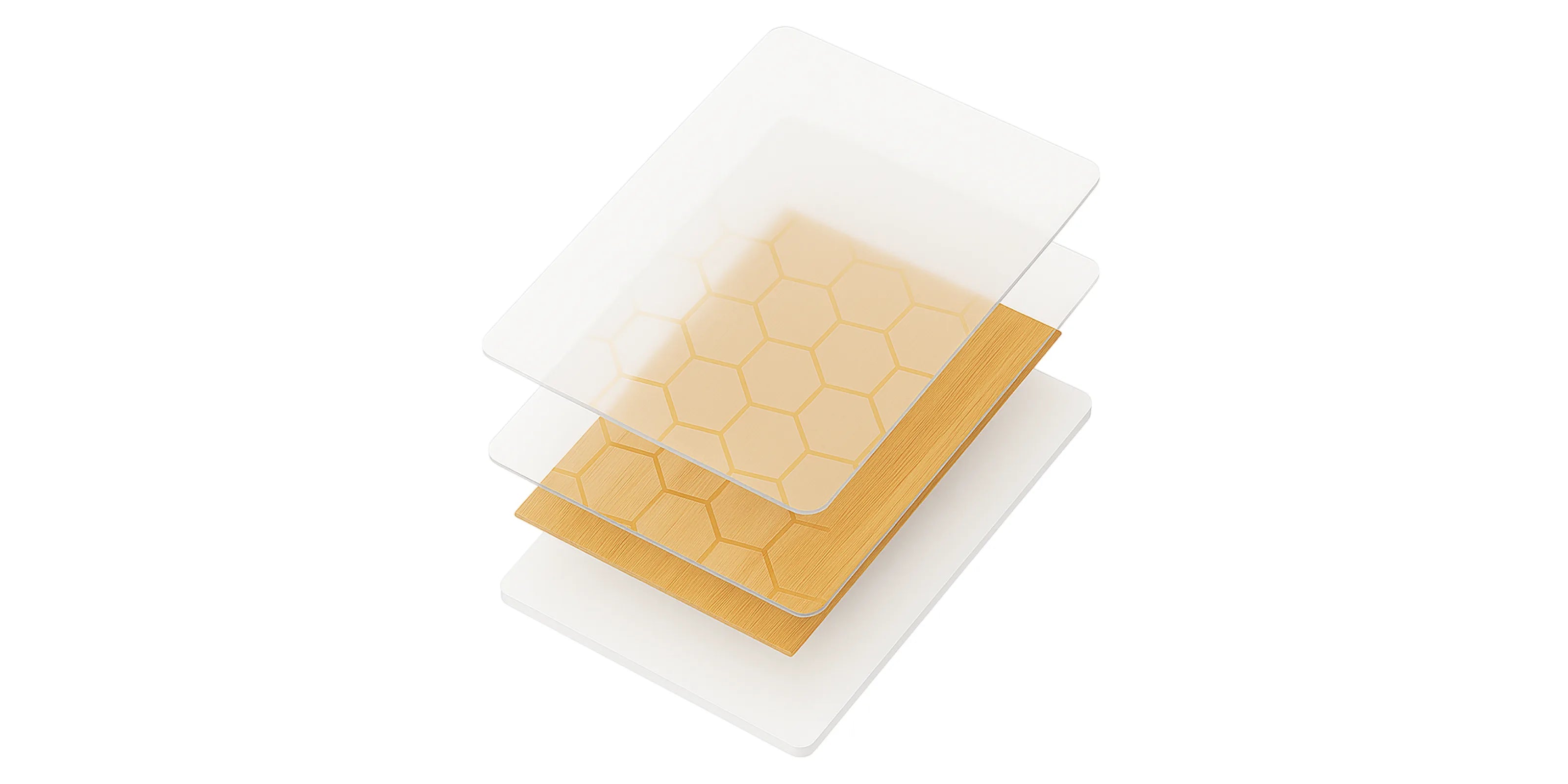 Vista expandida en 3D del panel SPC efecto madera cerámica mostrando sus cuatro capas para PC: capa protectora transparente, capa con patrón hexagonal, núcleo con textura de madera y base blanca sólida