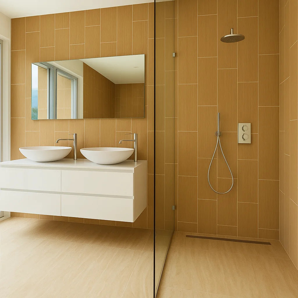 Baño moderno con paneles SPC efecto madera cerámica en las paredes, ducha tipo walk-in con mampara de vidrio y lavabo doble suspendido blanco.