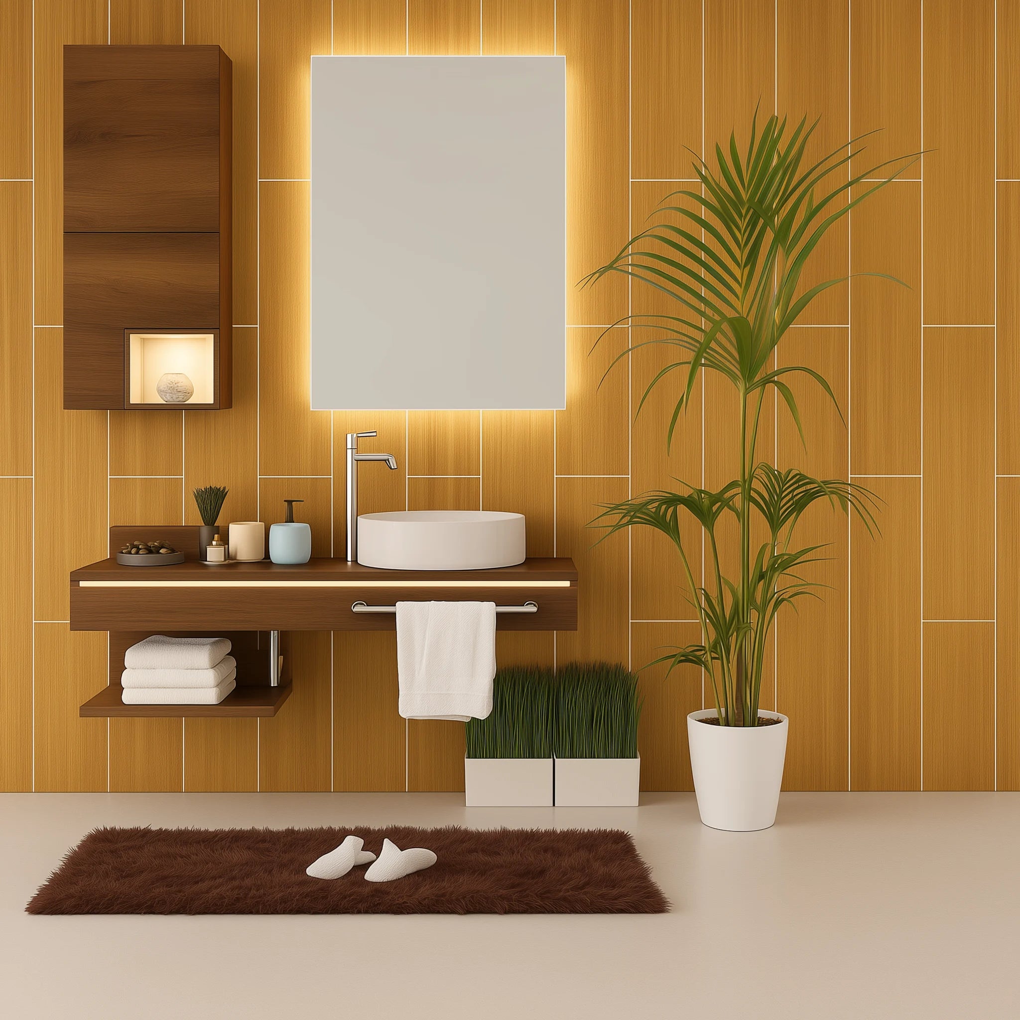 Baño moderno con paneles SPC efecto madera cerámica en las paredes, mueble flotante de madera, espejo iluminado, planta decorativa y alfombra marrón.