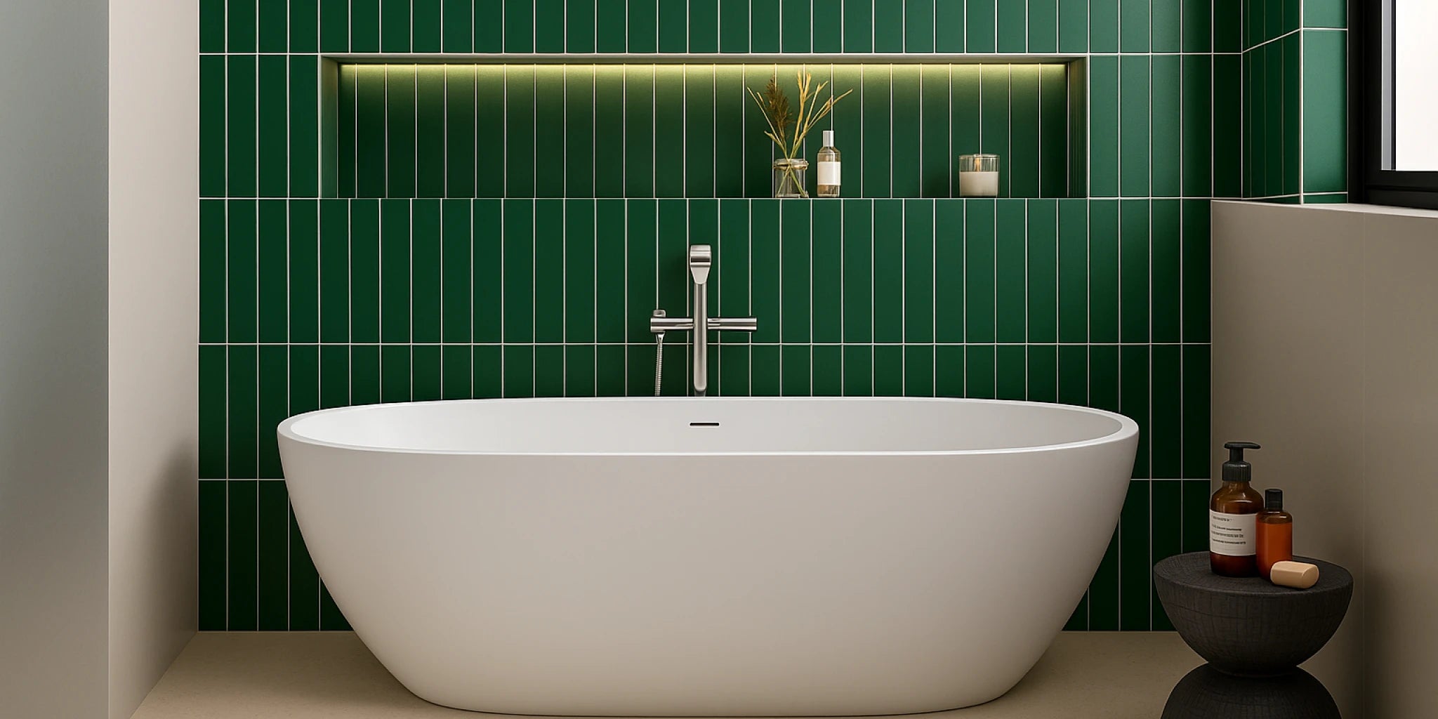 Baño moderno con Panel SPC imitación azulejo vertical verde instalado en la pared detrás de la bañera