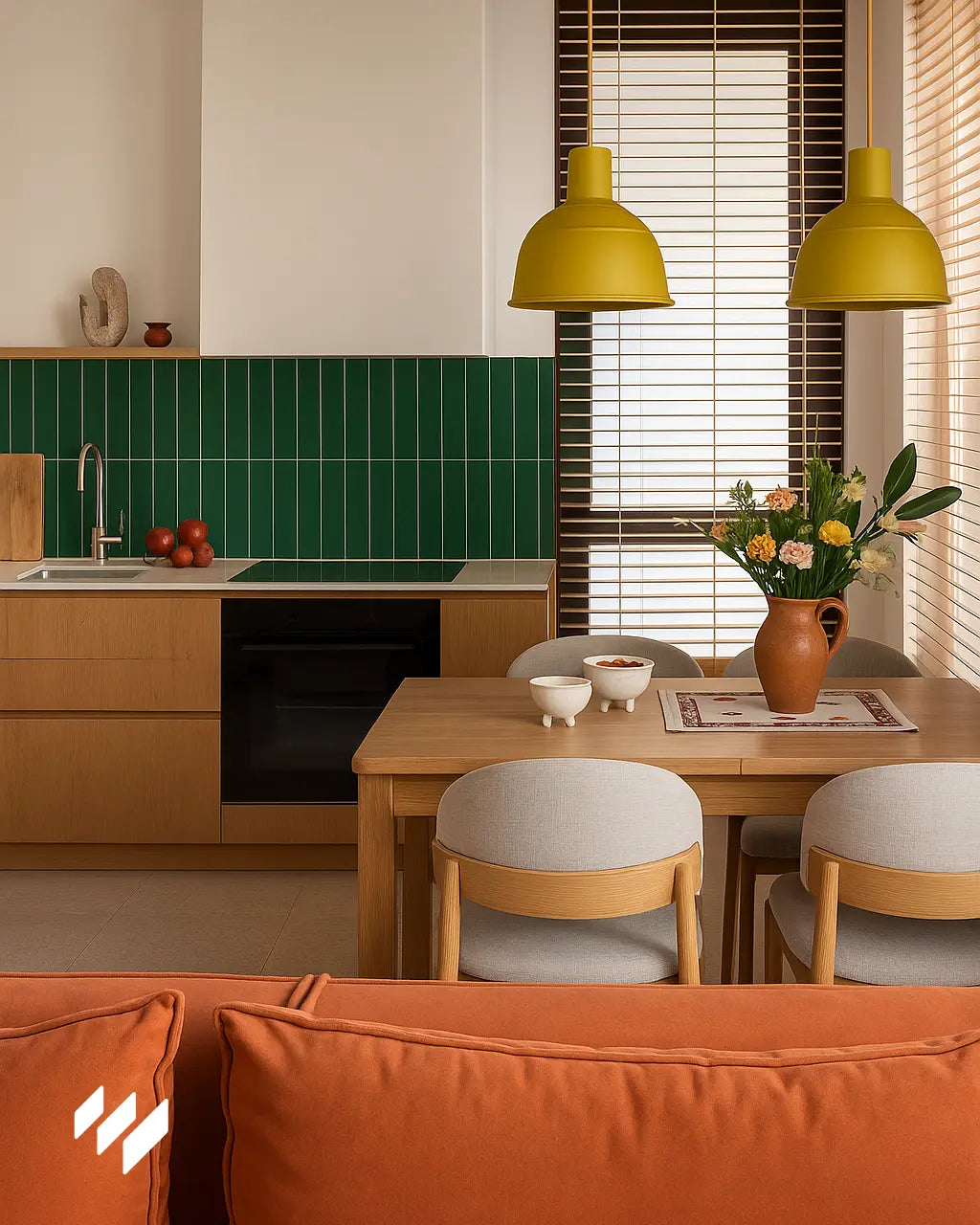 Revestimiento Panel SPC verde con azulejos verticales en una cocina estilo nórdico con muebles de madera clara.