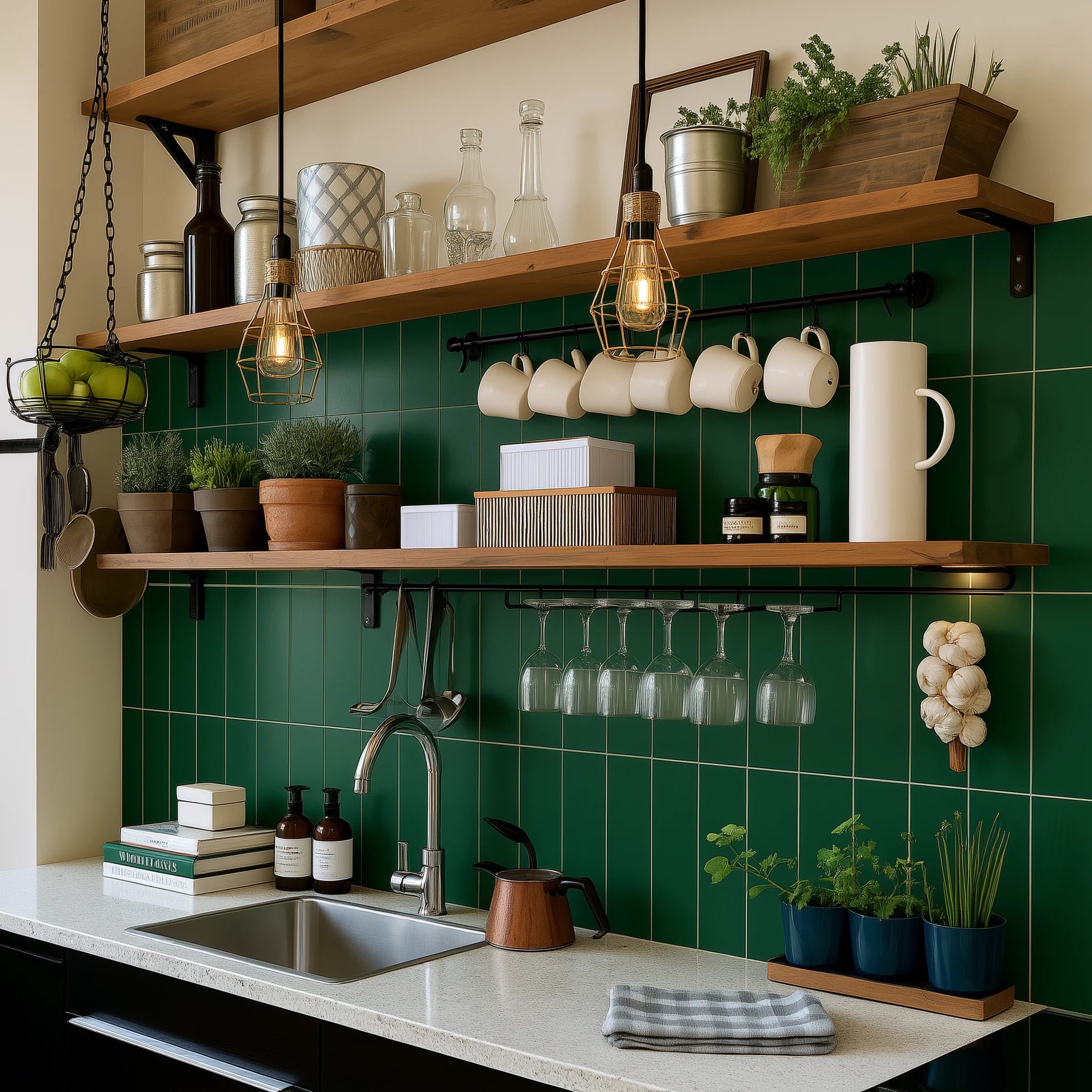 Panel SPC imitación azulejo verde instalado como salpicadero de cocina con estanterías de madera y decoración rústica.