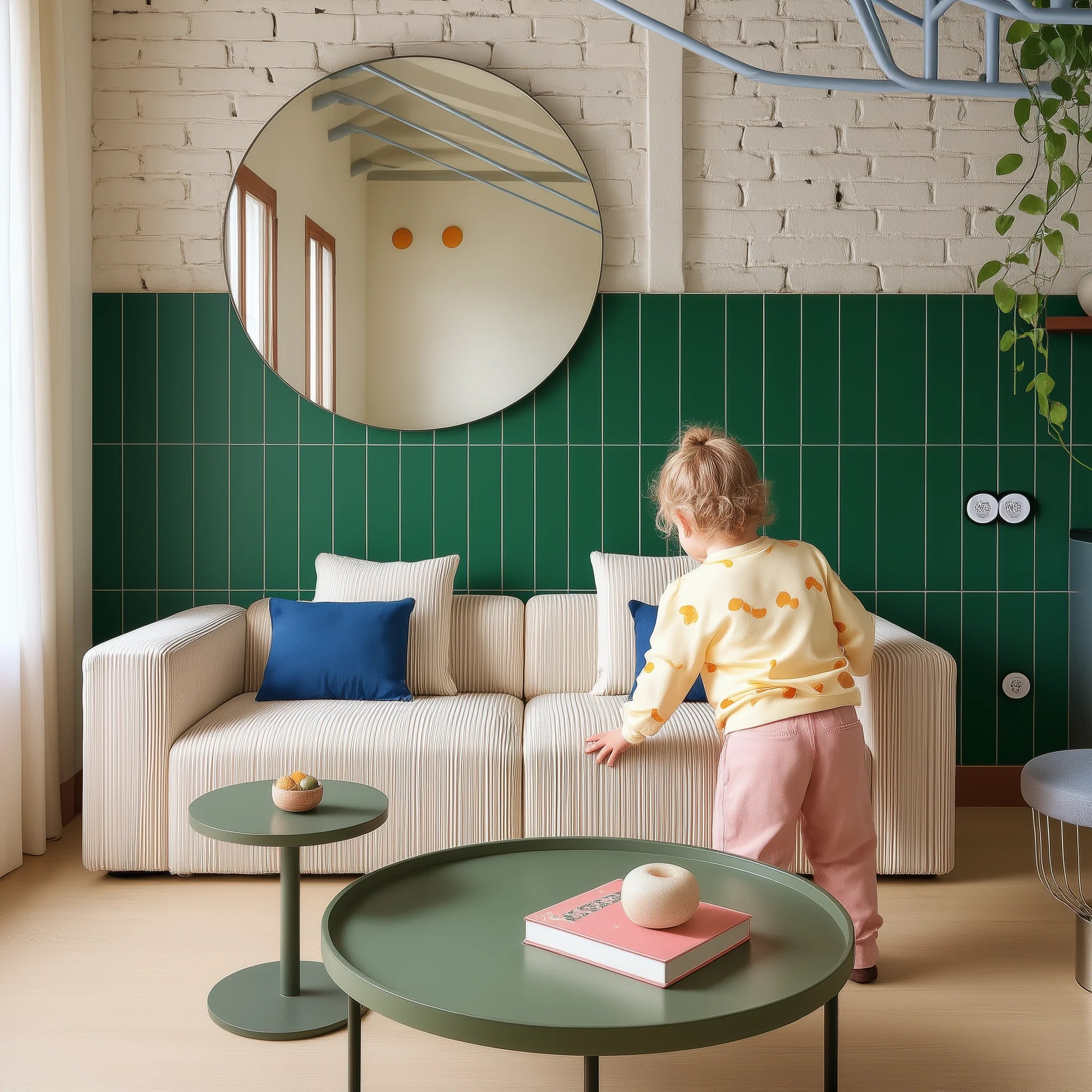 Niña pequeña frente a un sofá beige con cojines azules, en una sala decorada con un revestimiento de pared Panel SPC imitación azulejo vertical verde detrás del sofá, combinando con una pared superior de ladrillo pintado en blanco y un espejo redondo colgado.