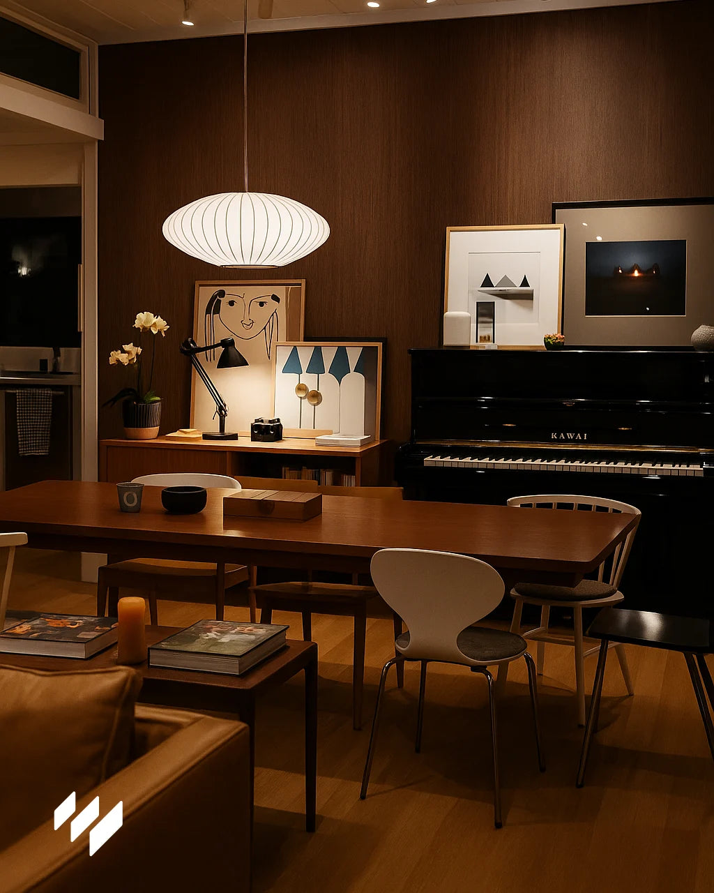 Comedor acogedor con pared de fondo en Roble Nocturno, mesa de madera, piano negro y arte decorativo.
