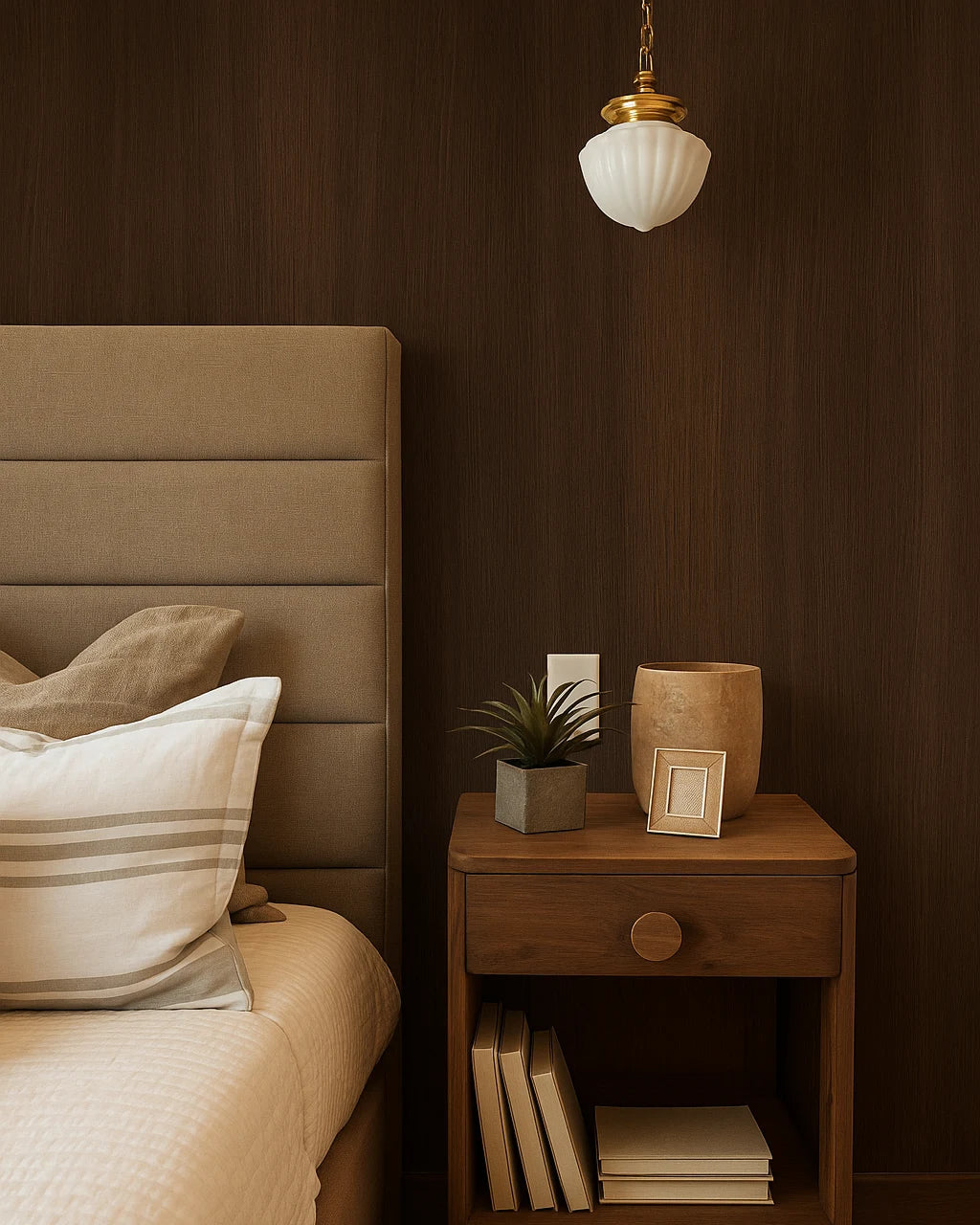 Revestimiento de pared WPC Roble Nocturno en dormitorio cálido, con cabecero tapizado, mesa de noche y lámpara de techo clásica.
