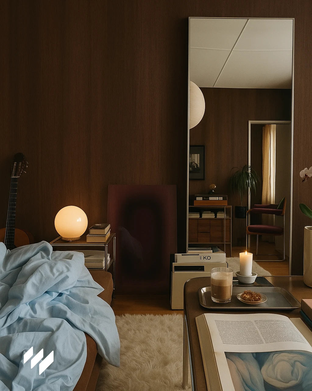 Dormitorio íntimo con espejo de cuerpo entero y revestimiento de pared en Roble Nocturno, decoración cálida y relajante.