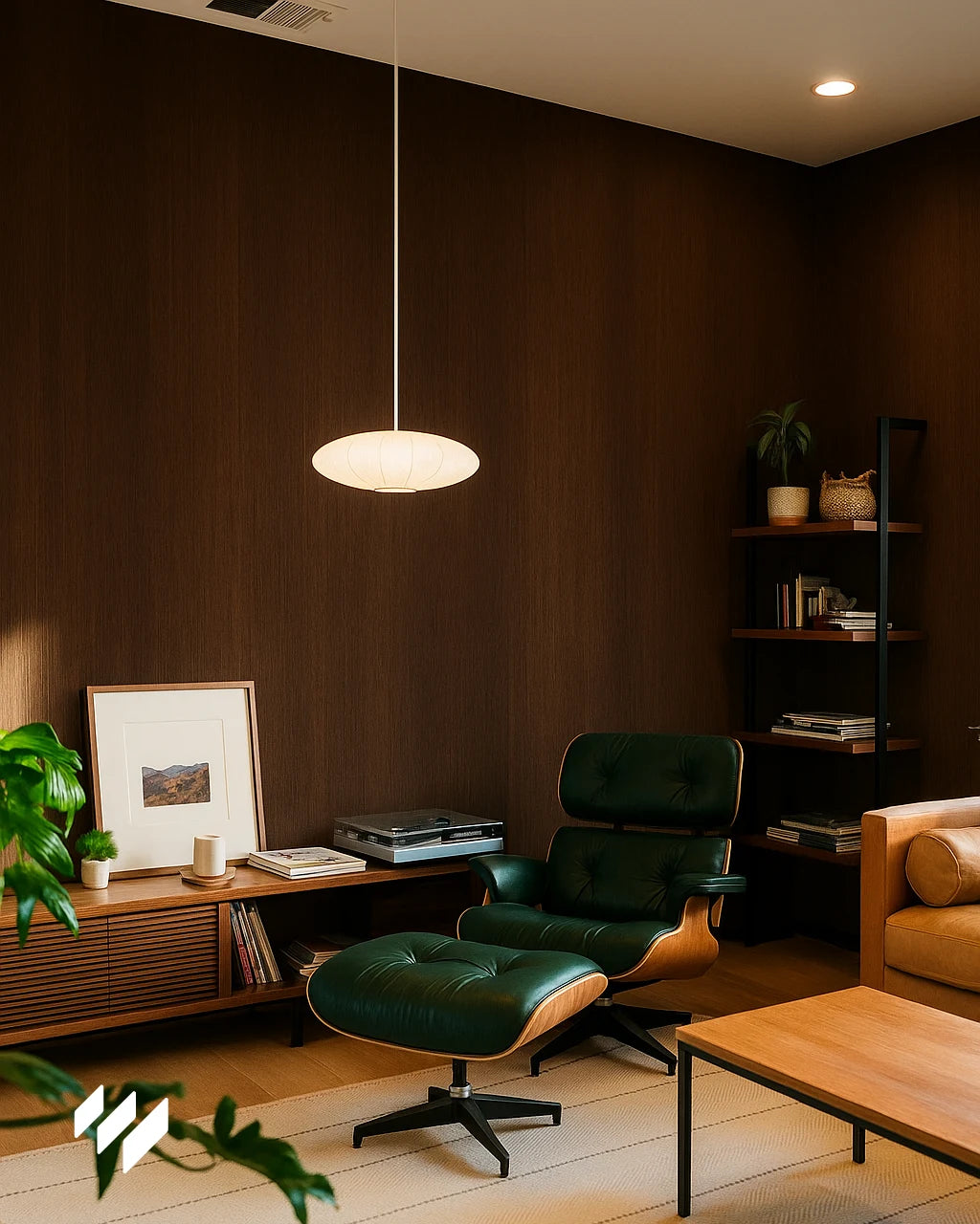 Rincón de lectura moderno con silla lounge verde y pared revestida en Roble Nocturno, iluminado con luz cálida natural.