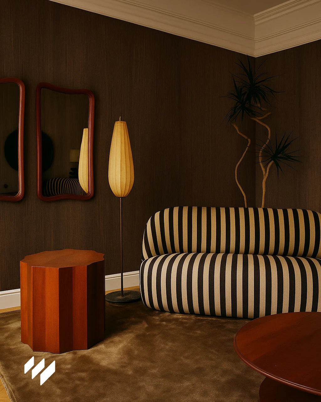 Panel WPC color Roble Nocturno aplicado en sala de estar estilo retro con sofá a rayas, espejos curvos y lámpara de pie.