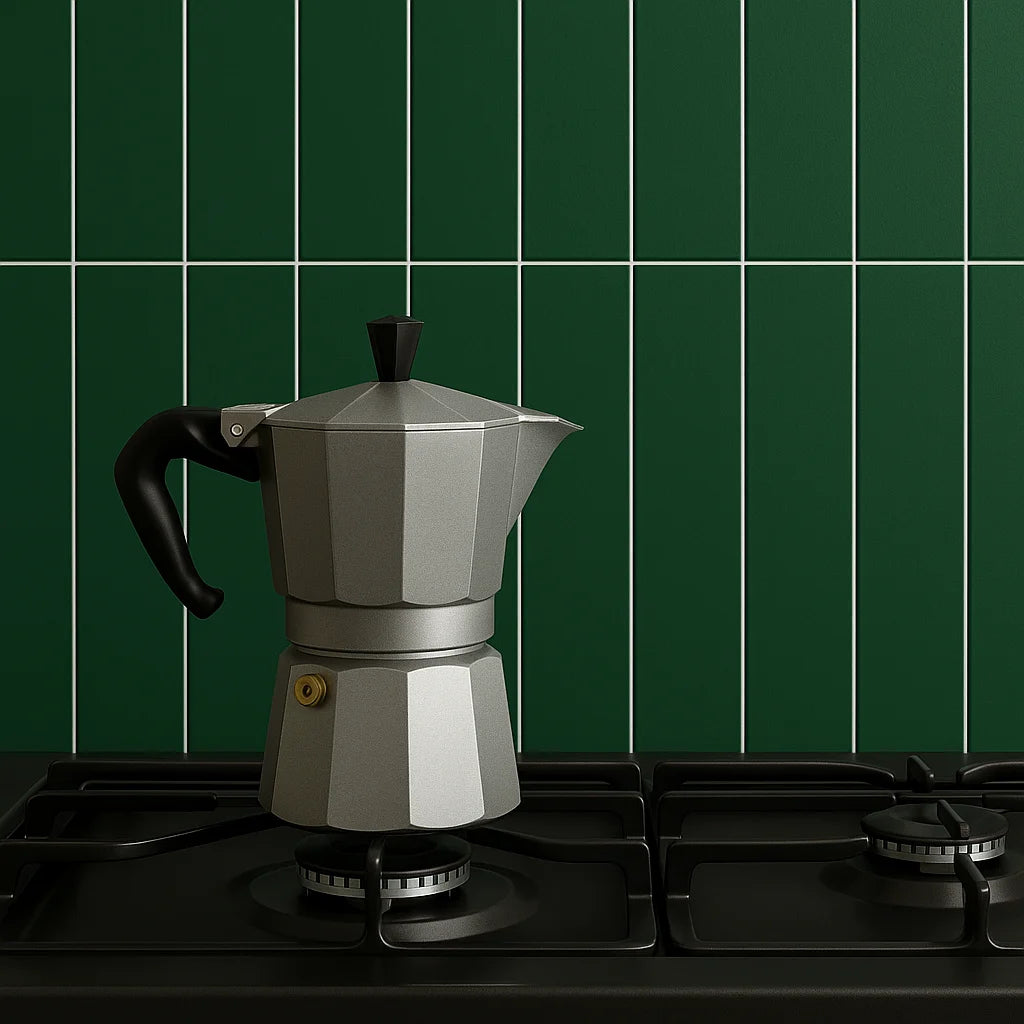 Panel SPC verde instalado en la pared de una cocina, manteniendo una distancia segura de aproximadamente 15 cm de una estufa de gas encendida.