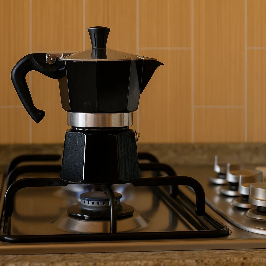 Panel SPC instalado en la pared de una cocina, manteniendo una distancia segura de aproximadamente 15 cm de una estufa de gas encendida.