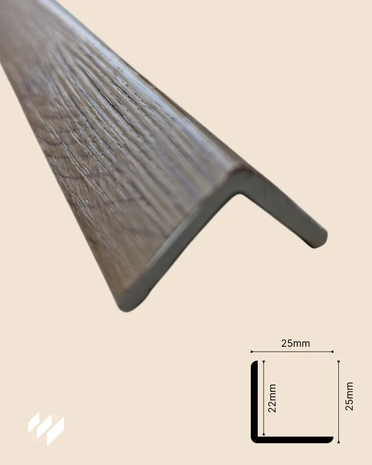 Perfil de ángulo L WPC Linnea Roble Miel con dimensiones 300x2,5x2,2 cm, diagrama técnico – Revestimientos Pared