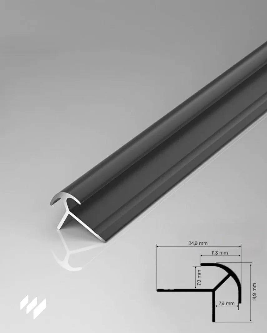 Perfil de esquina exterior redondeada de aluminio negro mate con vista en detalle y medidas técnicas.
