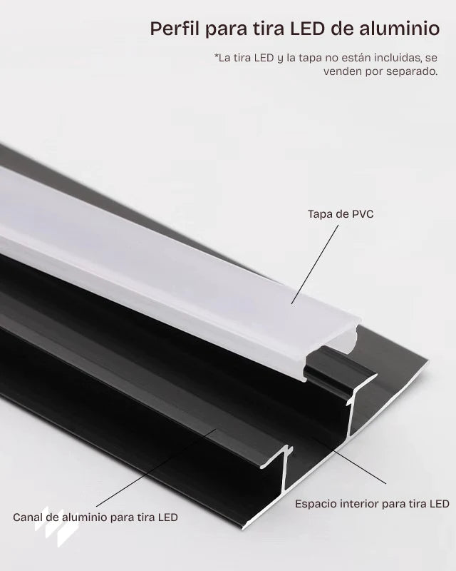 Perfil para tira LED de aluminio negro mate con tapa de PVC mostrada en detalle, fotografía de producto de revestimientos pared.