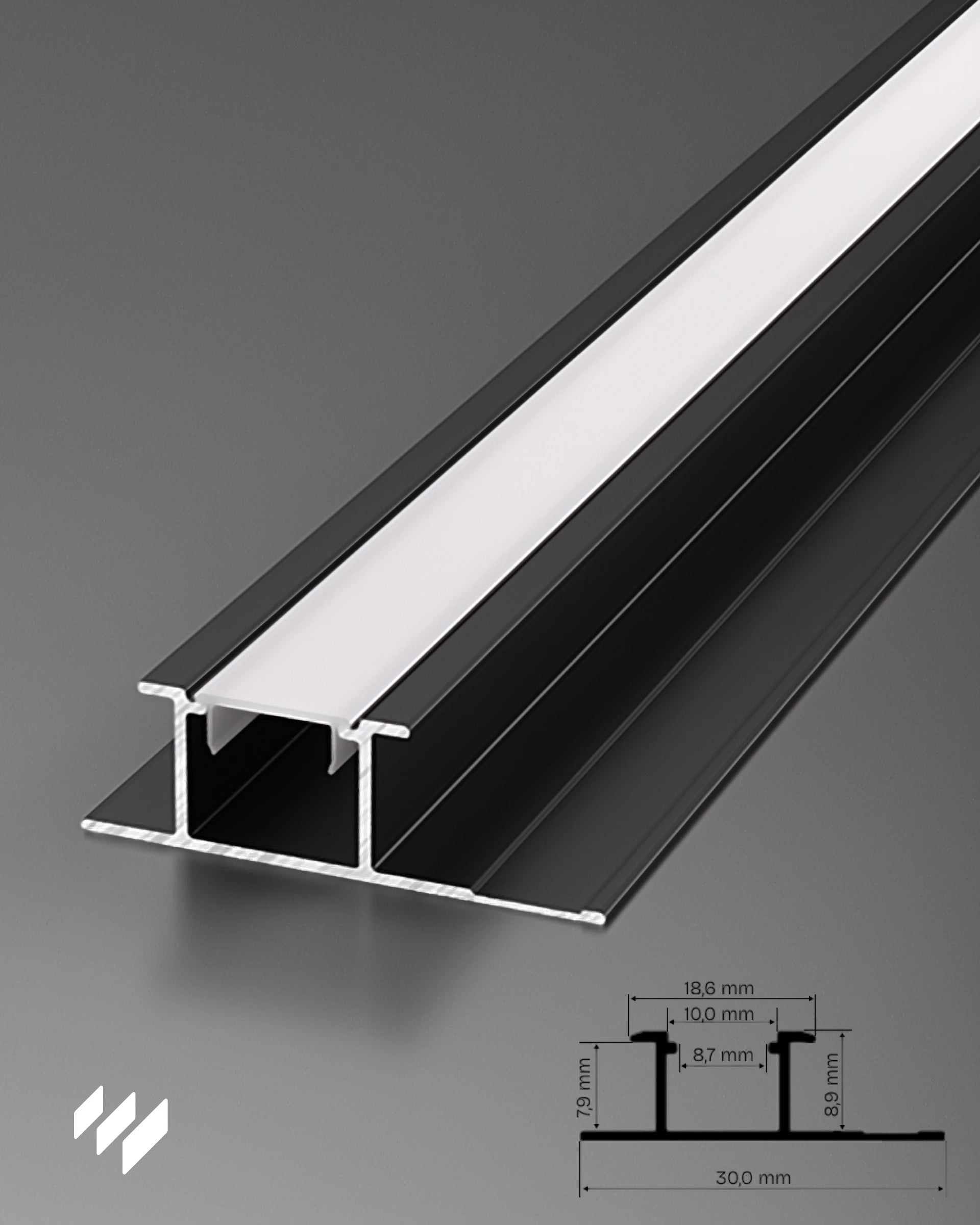 Perfil para tira LED de aluminio negro mate en render 3D con esquema de dimensiones técnicas, imagen de revestimientos pared.